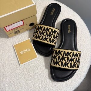 Michael Kors Deanna Black and Tan Slide Sandals